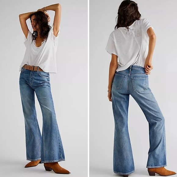 Free People New Dawn Jeans High Rise Flares Belgrade Blue New Size 29 - Picture 12 of 12